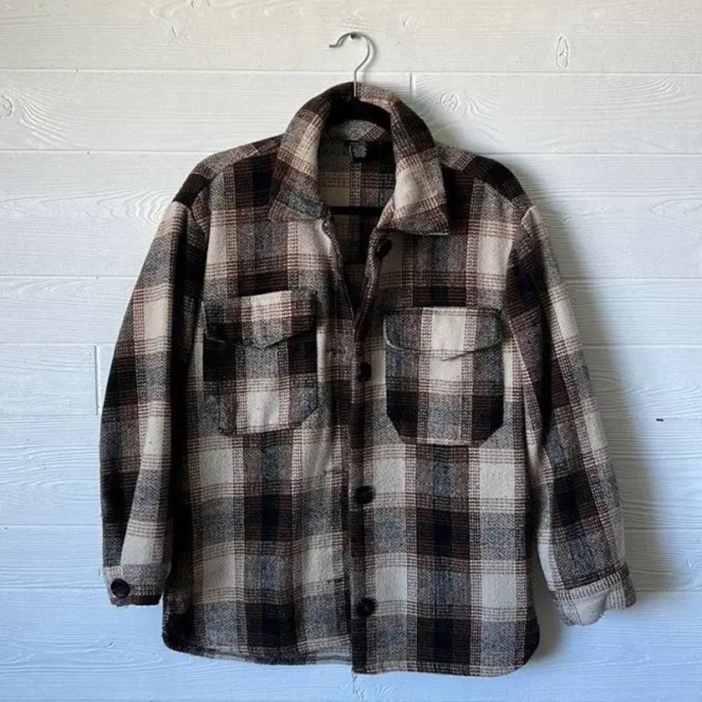 Brown and Cream Lightweight Shirt Jacket with Plaid Pattern